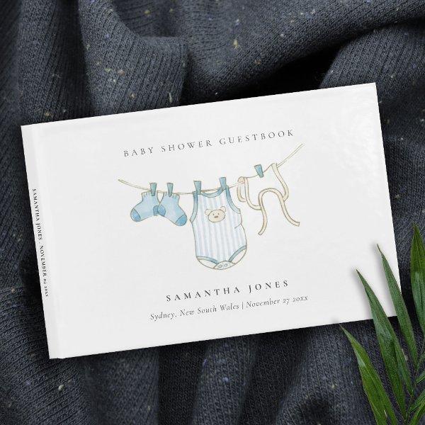 Cute Simple Aqua Blue Clothesline Boy Baby Shower Guest Book