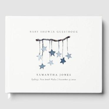 Cute Simple Aqua Blue Star Mobile Boy Baby Shower Guest Book