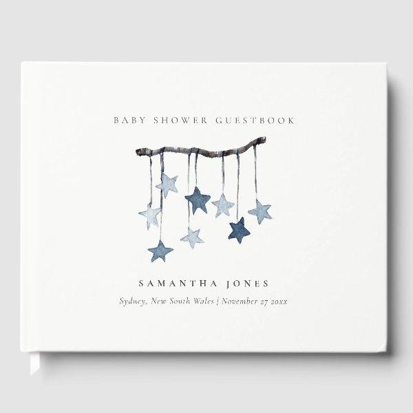 Cute Simple Aqua Blue Star Mobile Boy Baby Shower Guest Book