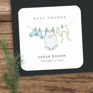 Cute Simple Baby Clothesline Blue Boy Baby Shower Square Sticker