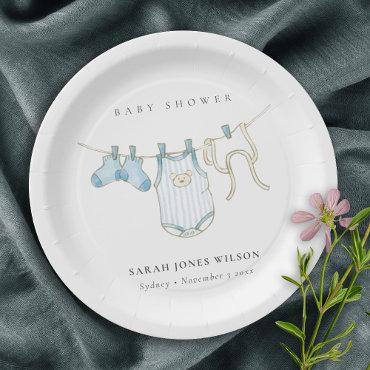 Cute Simple Blue Baby Boy Clothesline Baby Shower Paper Plates