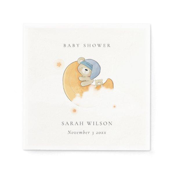 Cute Sleepy Blue Bear Over Moon Boy Baby Shower Napkins