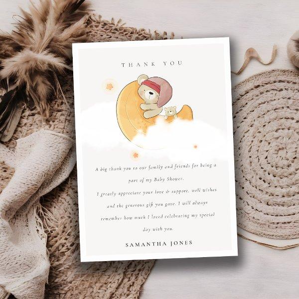 Cute Sleepy Pink Bear Over Moon Girl Baby Shower Thank You Card
