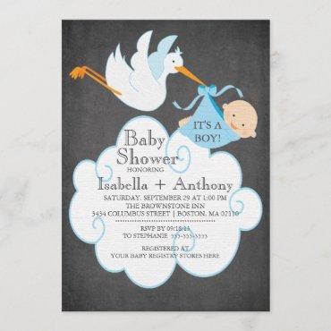 Cute Stork Chalkboard Boy Baby Shower Invitatation Invitation