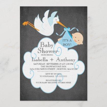 Cute Stork Chalkboard Boy Baby Shower Invitatation