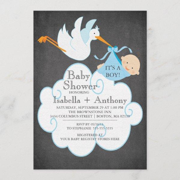 Cute Stork Chalkboard Boy Baby Shower Invitatation