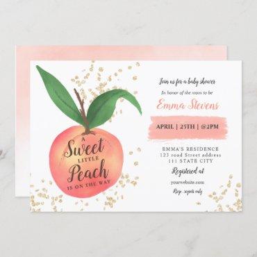 Cute sweet little peach gold glitter baby shower invitation