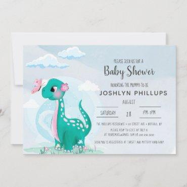 Cute Teal Dinosaur Baby Shower Invitation