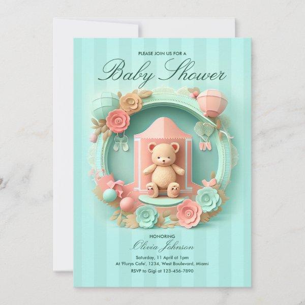 Cute Teddy Bear in a Frame | Baby Shower Invitatio