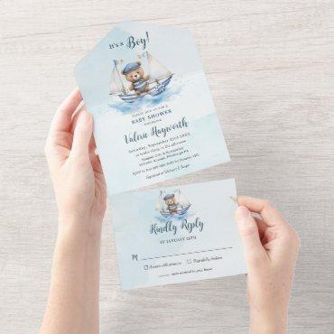 Cute Teddy Bear Nautical Boat Boy Baby Shower All In One