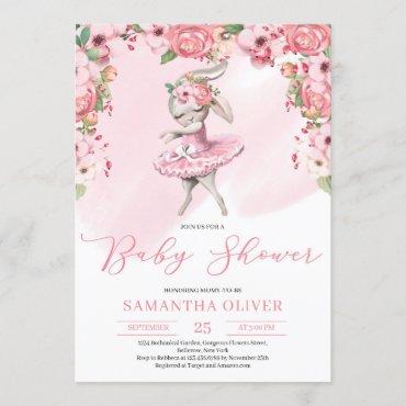 Cute tutu bunny ballerina blush floral Baby Shower Invitation