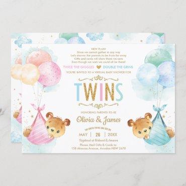 Cute Twin Teddy Bear Girl Boy Baby Shower by Mail Invitation