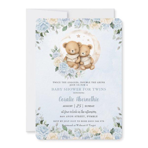 Cute Twins Bears Blue Floral Twin Boys