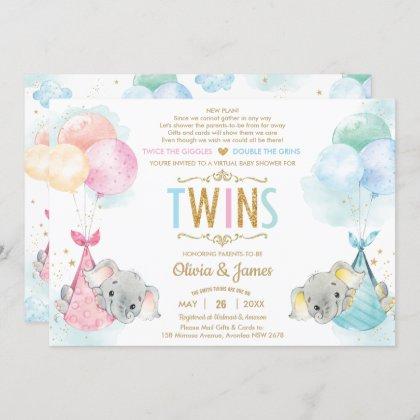 Cute Twins Boy Girl Elephant Baby Shower by Mail Invitation