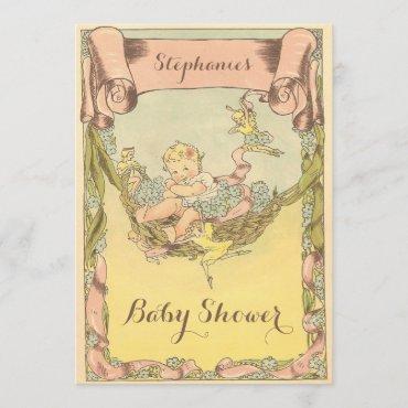 Cute Vintage Baby Girl and Fairies Baby Shower Invitation