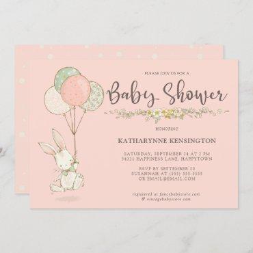 Cute Vintage Bunny Floral Girl Baby Shower Invitation