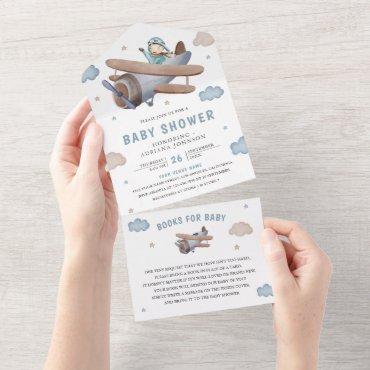 Cute Vintage Retro Blue Airplane Pilot Baby Shower All In One Invitation