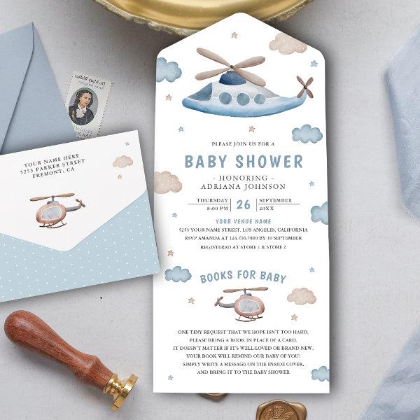 Cute Vintage Retro Blue Helicopter Baby Shower All In One