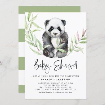 Cute Watercolor Baby Panda Greenery Baby Shower Invitation