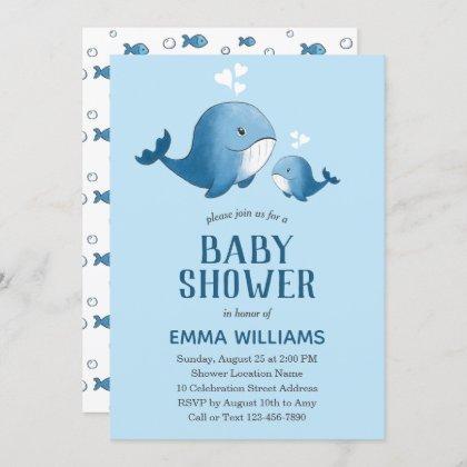 Cute Watercolor Blue Whale | Boy Baby Shower Invitation