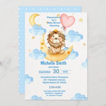 Cute Watercolor King Lion Blue Pink Invitation