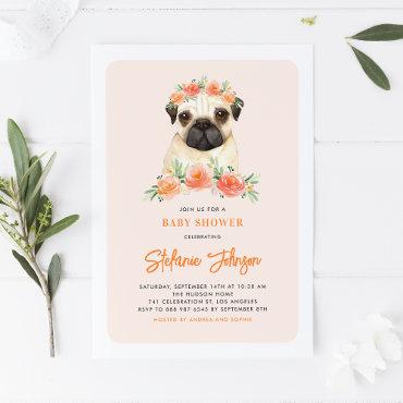Cute Watercolor Pug Peach Floral