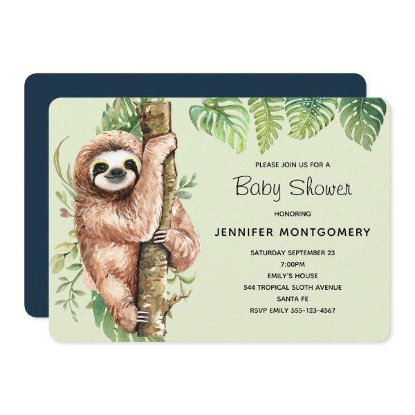 Cute Watercolor Sloth & Tropical Leaves Shower