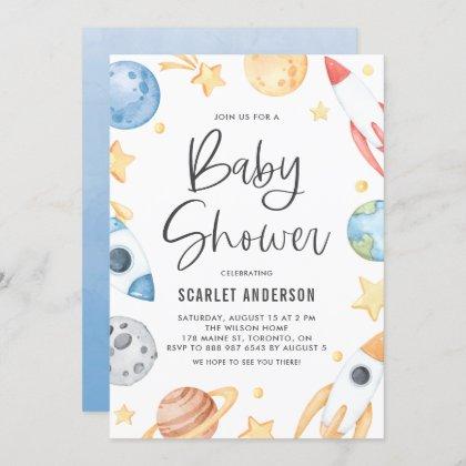 Cute Watercolor Space Theme Baby Shower Invitation