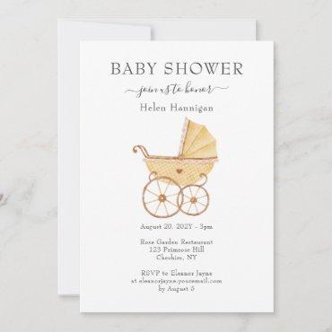 Cute Watercolor Vintage Pram Baby Shower Invite