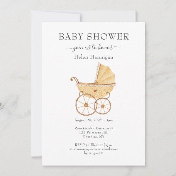 Cute Watercolor Vintage Pram Baby Shower Invite