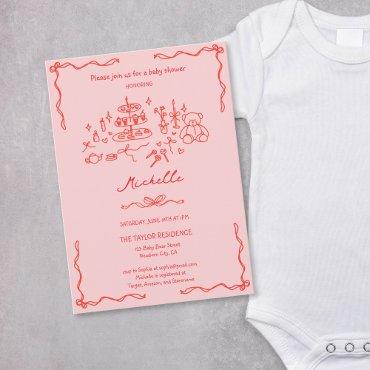 Cute Whimsical Hand Drawn Red Pink
