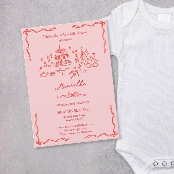 Cute Whimsical Hand Drawn Red Pink