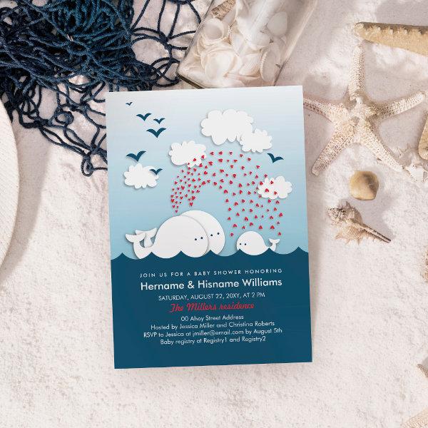 Cute White Whales Couples Baby Shower Invite