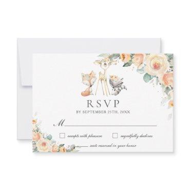Cute Woodland Animals Yellow Floral Greenery  RSVP Card