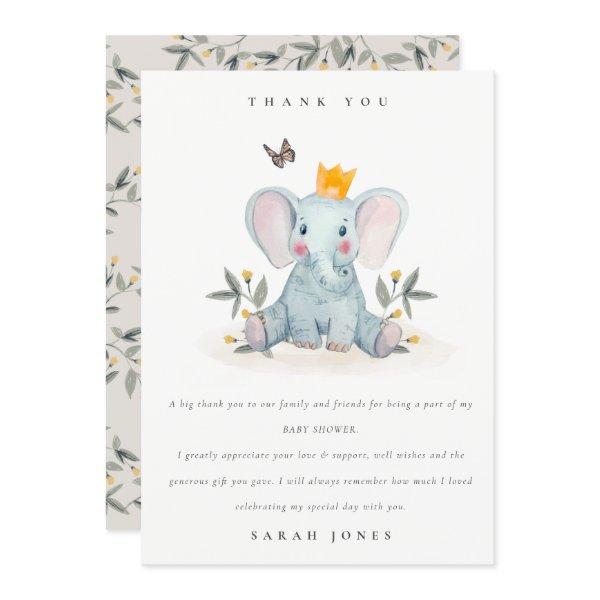 Cute Woodland Baby Elephant Foliage Baby Shower  Thank You Card