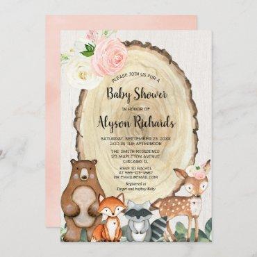 Cute woodland blush pink greenery girl baby shower invitation
