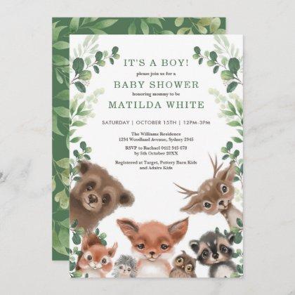 Cute Woodland Forest Greenery Animals Baby Shower Invitation
