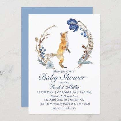 Cute Woodland Fox Watercolor Floral Baby Shower Invitation