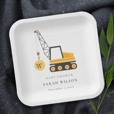 Cute Yellow Construction Crane Vehicle Baby Shower Paper Plates