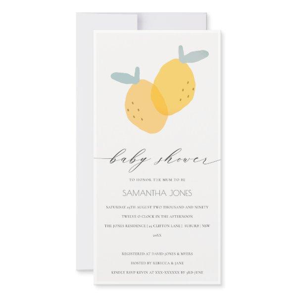 Cute Yellow Lemon Fruity Citrus Baby Shower Invite