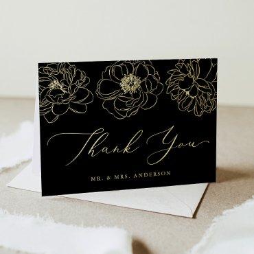 Dainty Floral Black and Gold Wedding Thank You Foil Greeting Card