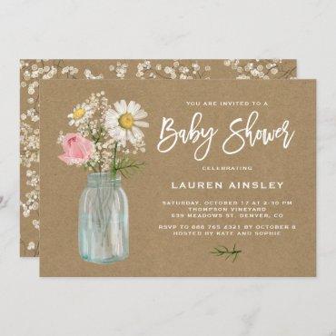 Daisy Mason Jar Kraft Paper Fall Baby Shower Invitation