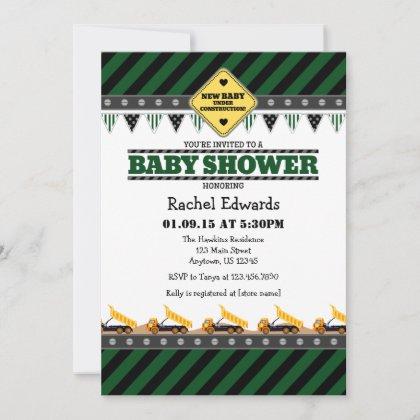 Dark Green Construction Baby Shower Invitation