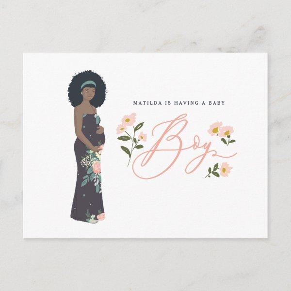 Dark haired black mom to be of a boy baby shower postcard