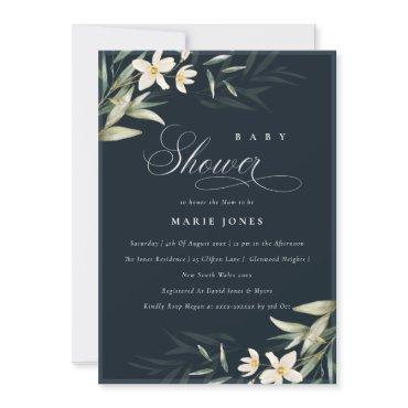 Dark Navy White Greenery Floral Baby Shower Invite