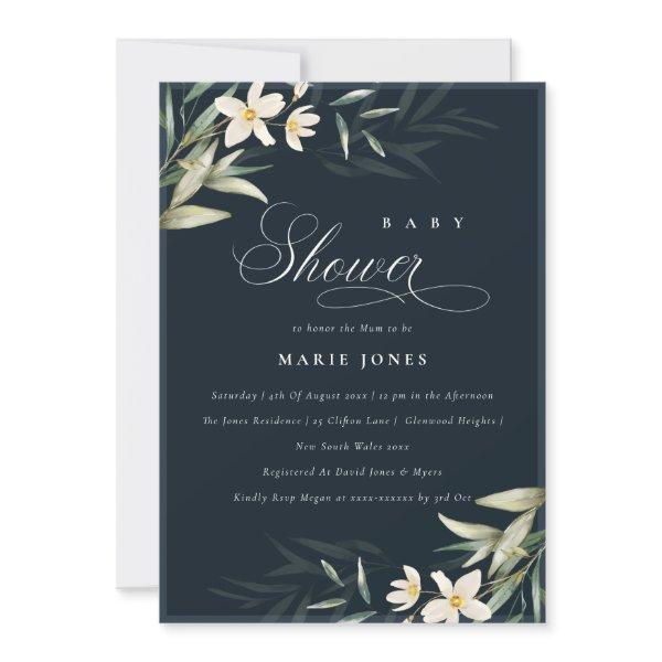 Dark Navy White Greenery Floral Baby Shower Invite