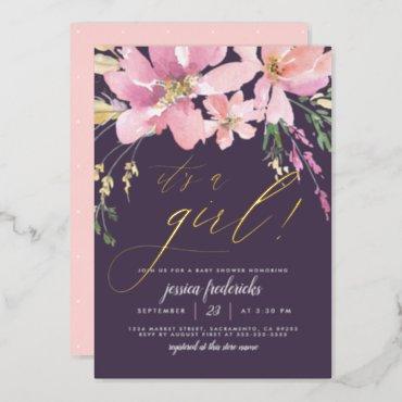 Dark Purple & Gold It's A Girl Floral Baby Shower Foil