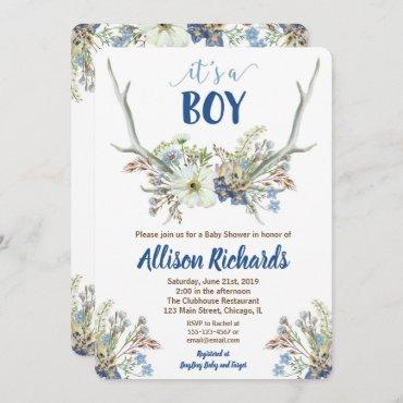 Deer antlers rustic baby shower invitation for boy