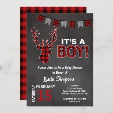 Deer Baby SHOWer Buffalo Plaid Red and Gray Invitation