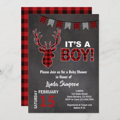 Deer Baby SHOWer Buffalo Plaid Red and Gray